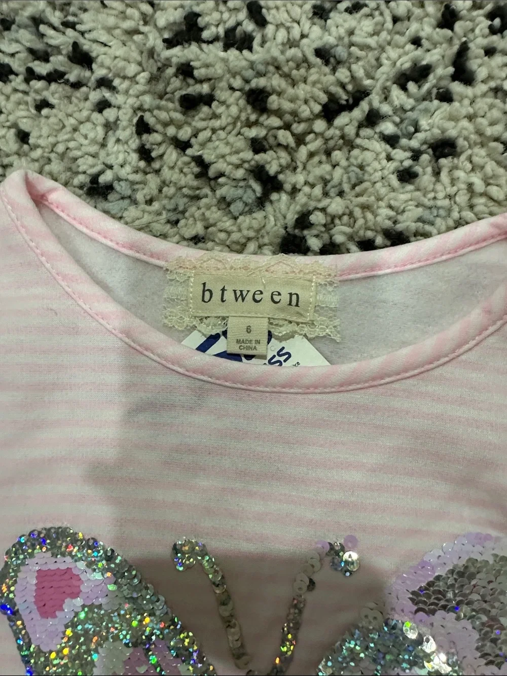 btween Pink Striped Top with Iridescent Sequin Butterfly - Picture 3 of 5